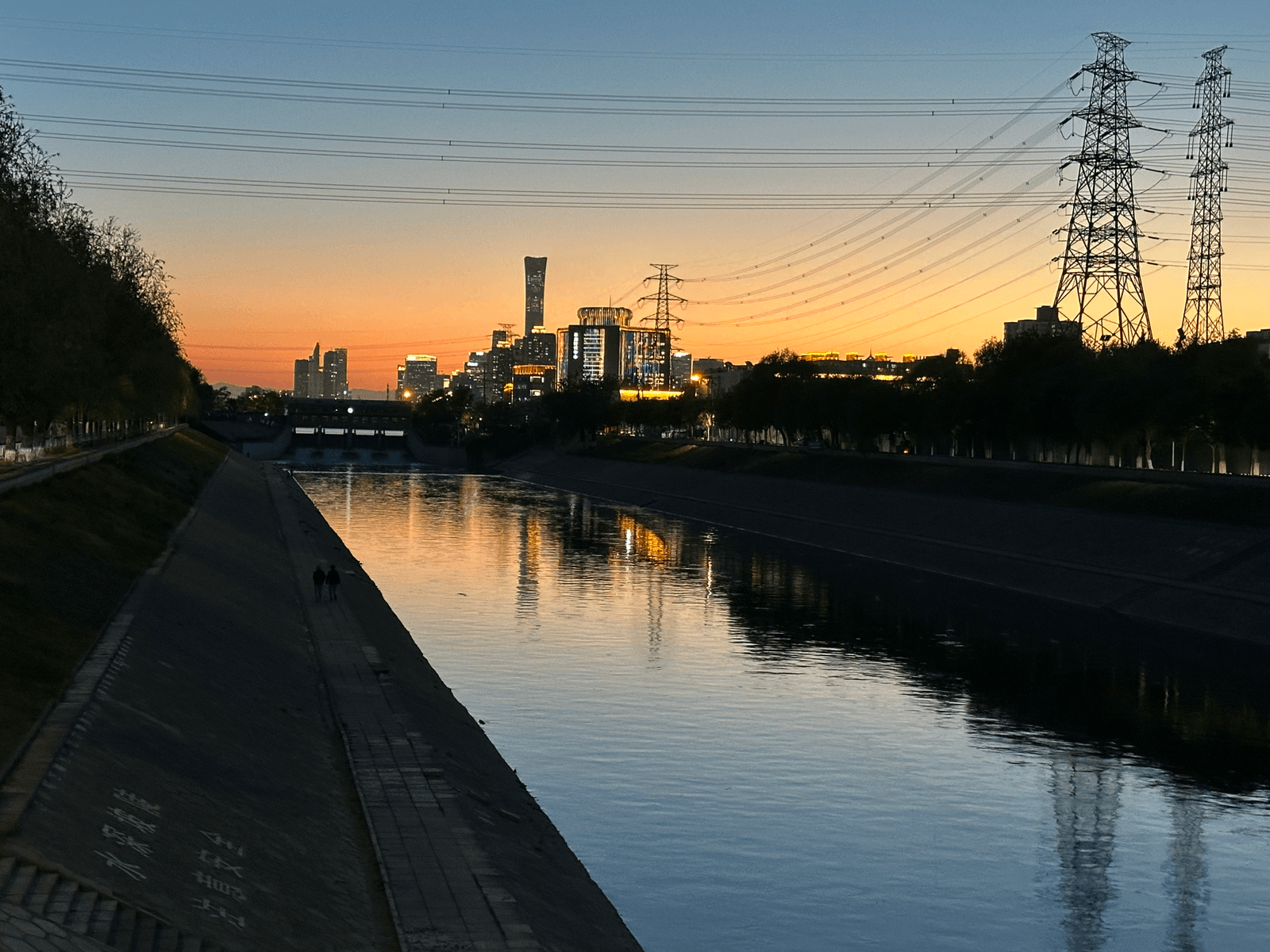 好久没拍夕阳与水了：傍晚河面的城市倒影